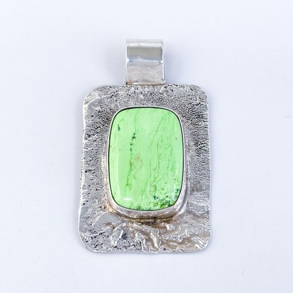 Vintage Artisan Sterling Silver 925 5cm Gaspeite Textured Pendant - Picture 3 of 7